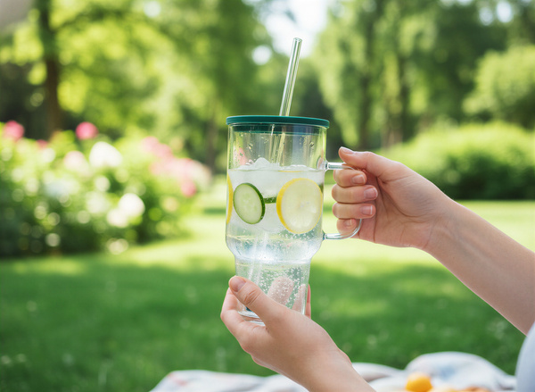 KUBEK BIDON SZKLANY TYPU STANLEY BIG 1,1L PRZEZROCZYSTY Z POKRYWKĄ I SŁOMKĄ