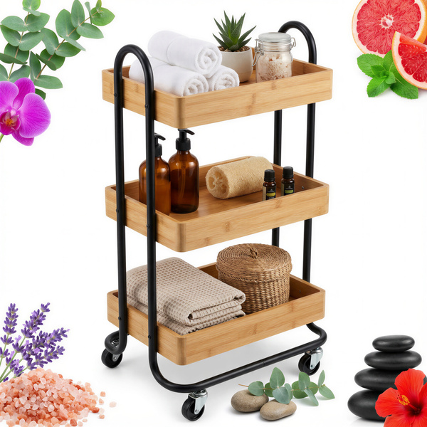 REGAŁ PÓŁKA ŁAZIENKOWA NA KOŁACH WÓZEK BAMBUSOWY KUCHENNY BAREK 3 PÓŁKI
