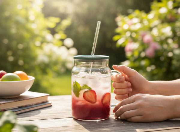KUBEK BIDON DUŻY SZKLANY 1,5L PRZEZROCZYSTY Z POKRYWKĄ I SŁOMKĄ BIG SZKLANA