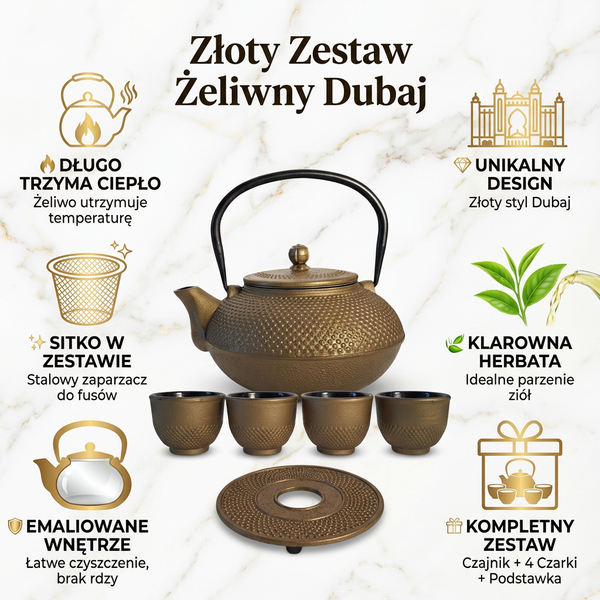 CZAJNIK ŻELIWNY 1,5L ZAPARZACZ DO HERBATY 4 CZARKI ZESTAW 5 ele NA PREZENT