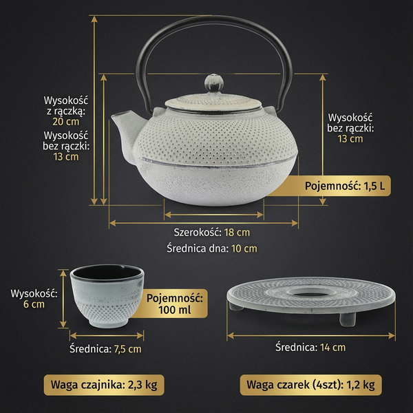 CZAJNIK ŻELIWNY 1,5L ZAPARZACZ DO HERBATY 4 CZARKI ZESTAW 5 ele NA PREZENT