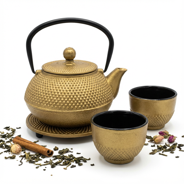 CZAJNIK IMBRYK ZAPARZACZ ŻELIWNY 0,8L ZESTAW DO HERBATY 2 CZARKI PODKŁADKA