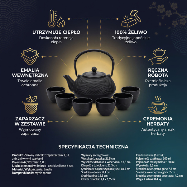 CZAJNIK ŻELIWNY ZAPARZACZ 1,8L Z ZESTAW 6 CZAREK DO HERBATY ZIÓŁ CZARNY