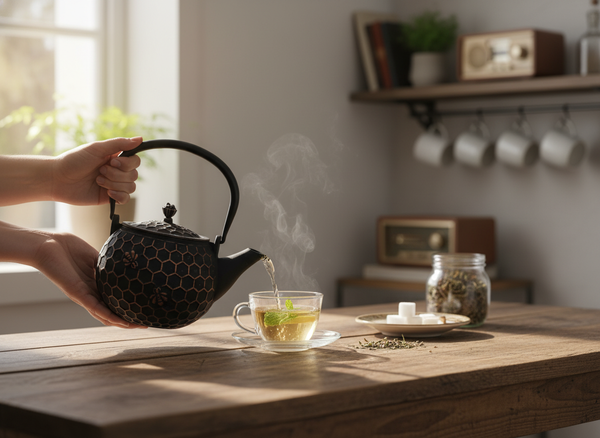 CZAJNIK ŻELIWNY IMBRYK 1,8L ZAPARZACZ DO HERBATY Z MIEDZIANYMI AKCENTAMI