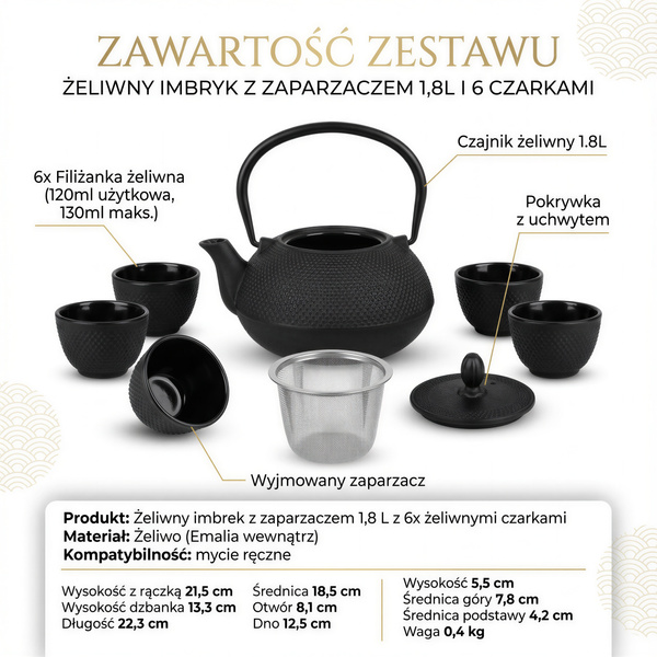 CZAJNIK ŻELIWNY ZAPARZACZ 1,8L Z ZESTAW 6 CZAREK DO HERBATY ZIÓŁ CZARNY