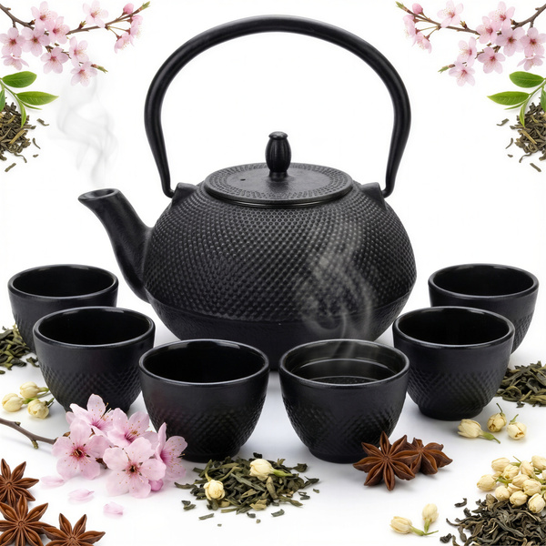 CZAJNIK ŻELIWNY ZAPARZACZ 1,8L Z ZESTAW 6 CZAREK DO HERBATY ZIÓŁ CZARNY