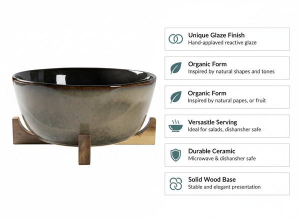 MISKA DUŻA MISA Ø27,5 cm SAŁATKOWA SURÓWKI Z DREWNIANĄ PODSTAWKĄ CERAMIKA