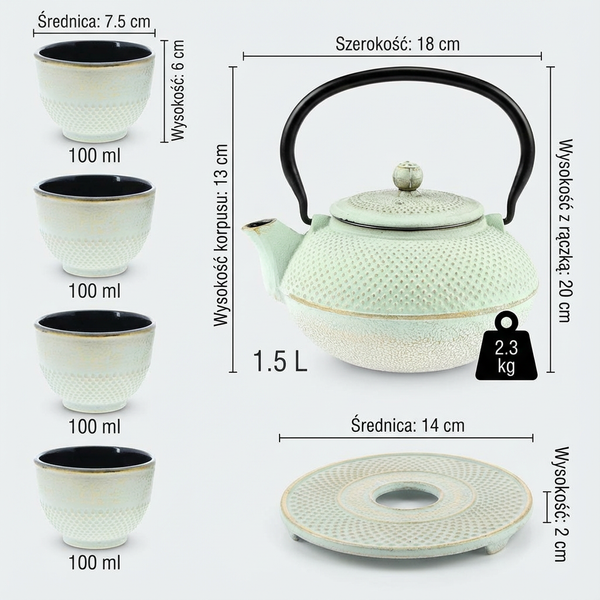 CZAJNIK IMBRYK ŻELIWNY 1,5L ZESTAW 5 SZT. MIĘTOWY Ø 18 CM DO HERBATY
