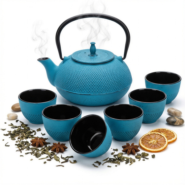CZAJNIK ŻELIWNY ZAPARZACZ 1,8L Z ZESTAW 6 CZAREK DO HERBATY ZIÓŁ TURKUSOWY