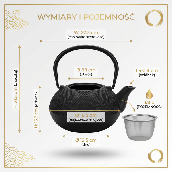 CZAJNIK ŻELIWNY IMBRYK 1.8L DUŻY CZARNY DO HERBATY + ZAPARZACZ STALOWY