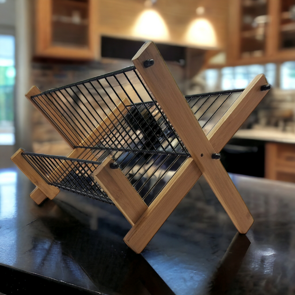 SUSZARKA DO NACZYŃ SKŁADANA DWUPOZIOMOWA STOJĄCA OCIEKACZ BAMBUSOWY