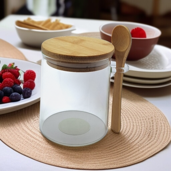 POJEMNIK SZKLANY 400 ml SŁOICZEK Z BAMBUSOWĄ POKRYWKĄ I ŁYŻECZKĄ