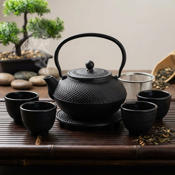 CZAJNIK IMBRYK ŻELIWNY 1,5L ZESTAW 6 SZT. CZARNY DO HERBATY Ø 18 CM