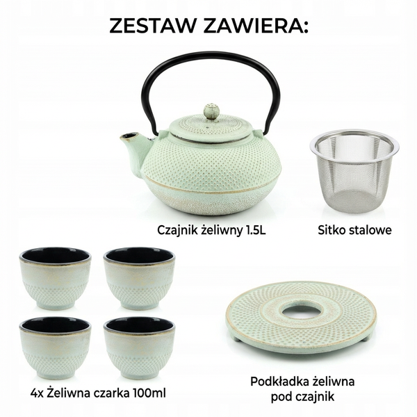 CZAJNIK IMBRYK ŻELIWNY 1,5L ZESTAW 5 SZT. MIĘTOWY Ø 18 CM DO HERBATY