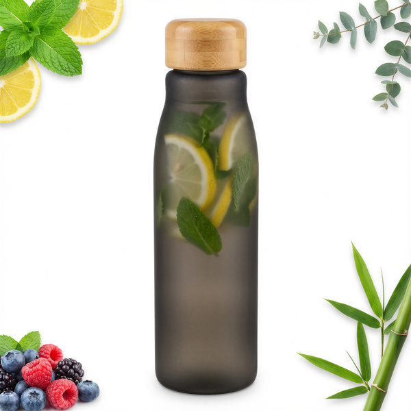 BUTELKA SZKLANA BIDON DO WODY NA SIŁOWNIE EKO 600 ML ZAKRĘTKA BAMBUSOWA