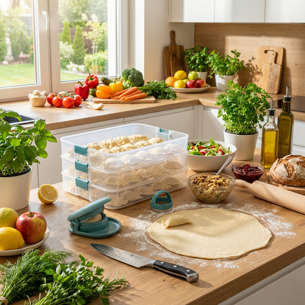 ZESTAW POJEMNIKÓW I WYKRAWACZY DO PIEROGÓW 3W1 PRZEZROCZYSTY 4,5L