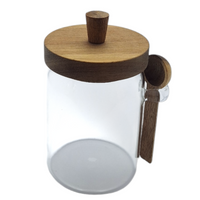 POJEMNIK SZKLANY 550 ml SŁOICZEK Z BAMBUSOWĄ POKRYWKĄ I ŁYŻECZKĄ