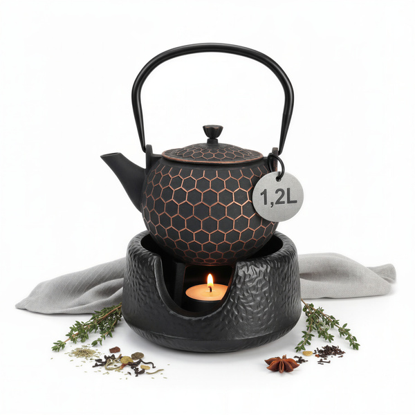 CZAJNIK ŻELIWNY IMBRYK 1,2 L ZAPARZACZ DO HERBATY I ZIÓŁ + PODGRZEWACZ