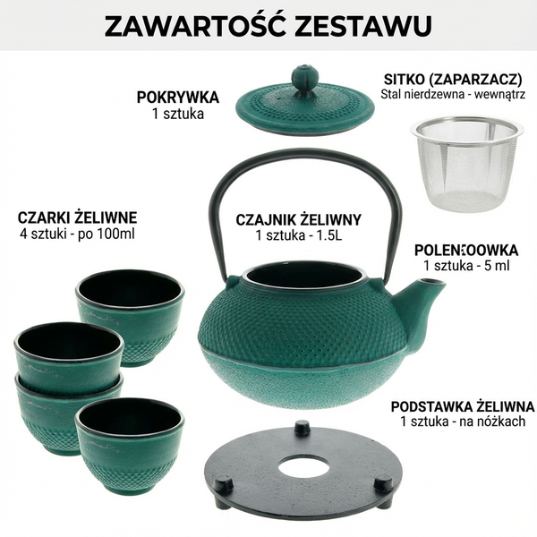 CZAJNIK ŻELIWNY 1,5L ZAPARZACZ DO HERBATY 4 CZARKI ZESTAW 5 ele NA PREZENT