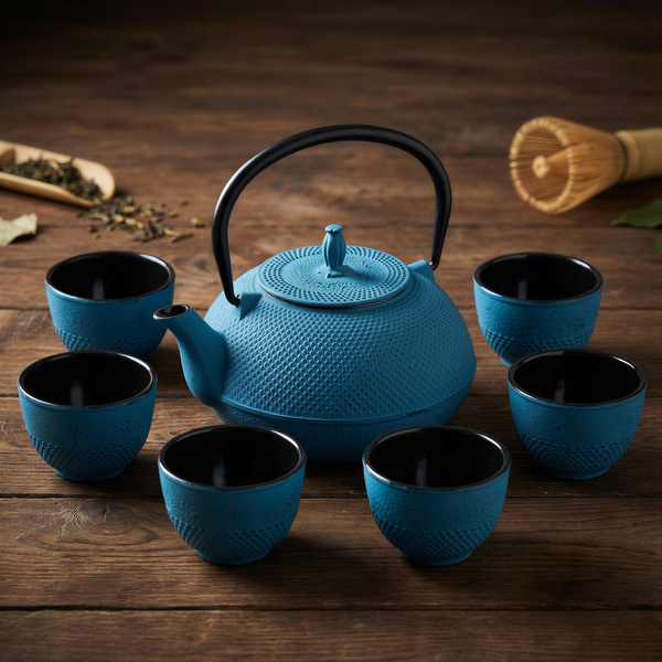CZAJNIK ŻELIWNY ZAPARZACZ 1,8L Z ZESTAW 6 CZAREK DO HERBATY ZIÓŁ TURKUSOWY
