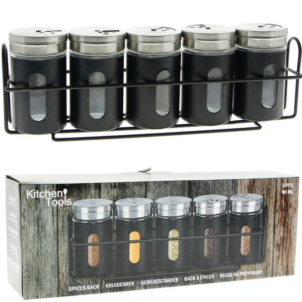 STOJAK NA PRZYPRAWY PÓŁKA PRZYPRAWNIK 5 SZTUK STALOWY CZARNY ORGANIZER