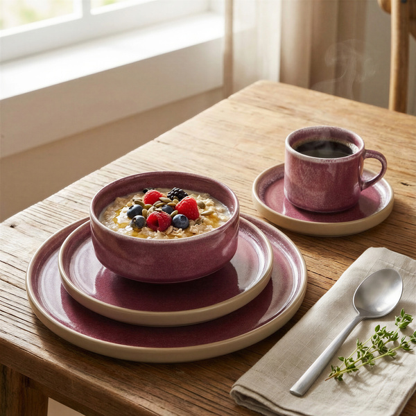 SERWIS OBIADOWYO KAWOWY 30 EL. DLA 6 OSÓB FILIŻANKI DO KAWY FIOLET CERAMIKA