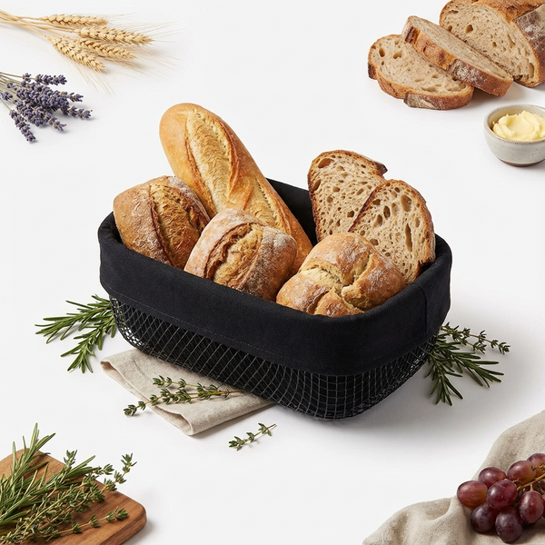 KOSZYK METALOWY CZARNY NA CHLEB PIECZYWO + WKŁAD Z TKANINY 28x18x9,5 cm