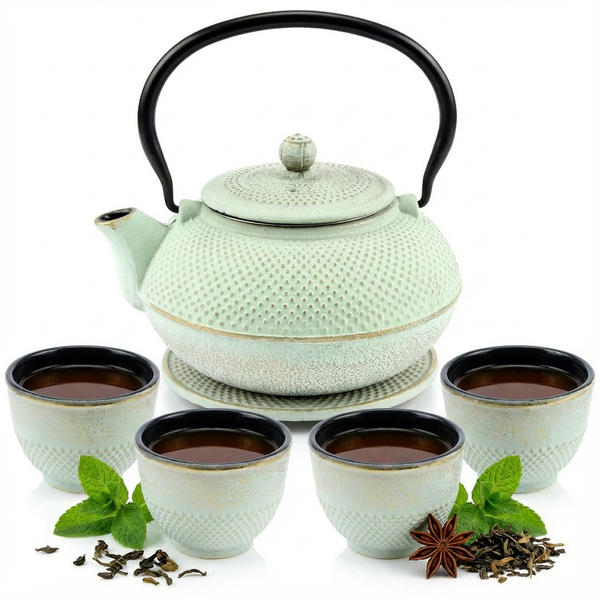 CZAJNIK IMBRYK ŻELIWNY 1,5L ZESTAW 5 SZT. MIĘTOWY Ø 18 CM DO HERBATY