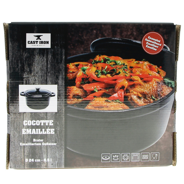 GARNEK ŻELIWNY 4.5L GAR SOLIDNY EMALIOWANY Z POKRYWKĄ CZARNY RONDELEK