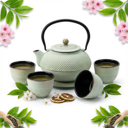 CZAJNIK 1,5L ŻELIWNY 4x CZARKI PODKŁADKA ZESTAW