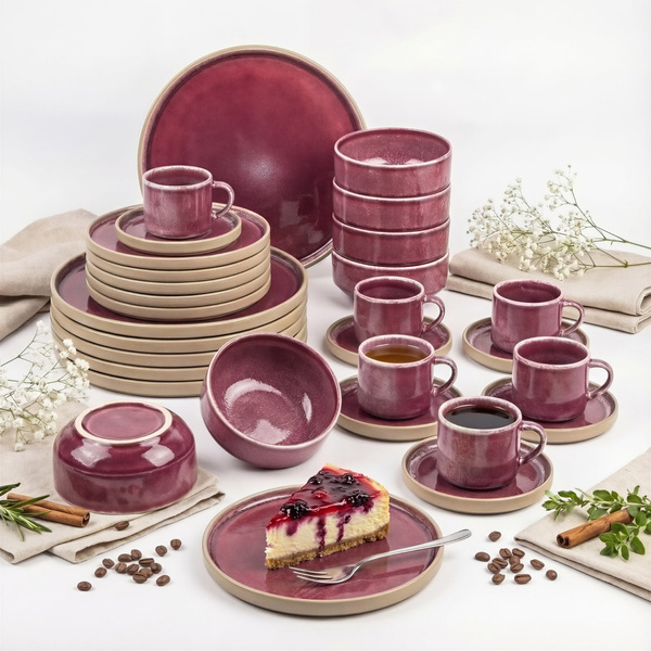 SERWIS OBIADOWYO KAWOWY 30 EL. DLA 6 OSÓB FILIŻANKI DO KAWY FIOLET CERAMIKA