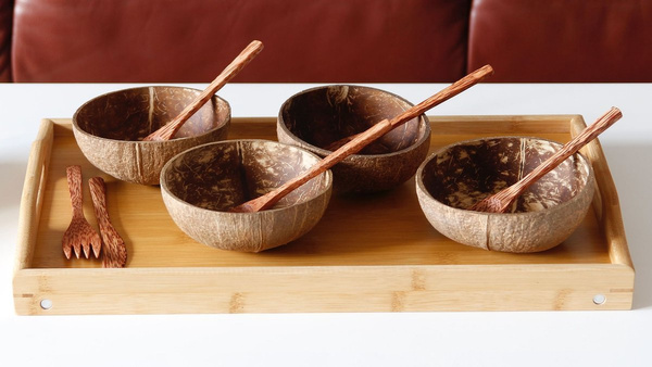 SZTUĆCE DREWNIANE KOKOS WIDELEC NÓŻ ŁYŻKA ZESTAW