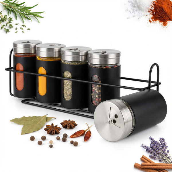 STOJAK NA PRZYPRAWY PÓŁKA PRZYPRAWNIK 5 SZTUK STALOWY CZARNY ORGANIZER