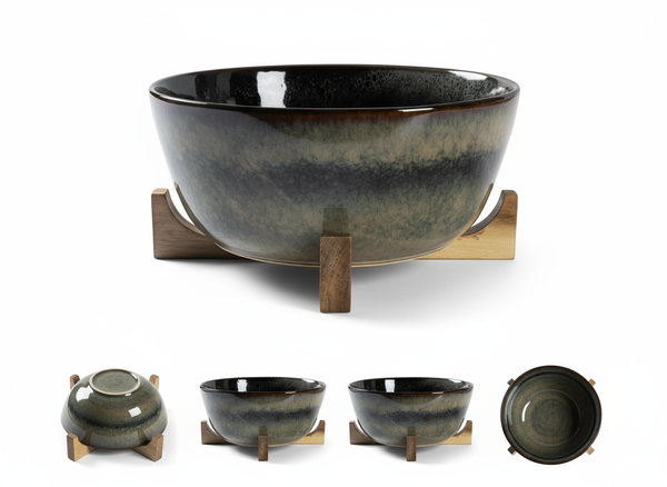 MISKA DUŻA MISA Ø27,5 cm SAŁATKOWA SURÓWKI Z DREWNIANĄ PODSTAWKĄ CERAMIKA