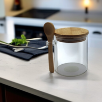 POJEMNIK SZKLANY 400 ml SŁOICZEK Z BAMBUSOWĄ POKRYWKĄ I ŁYŻECZKĄ
