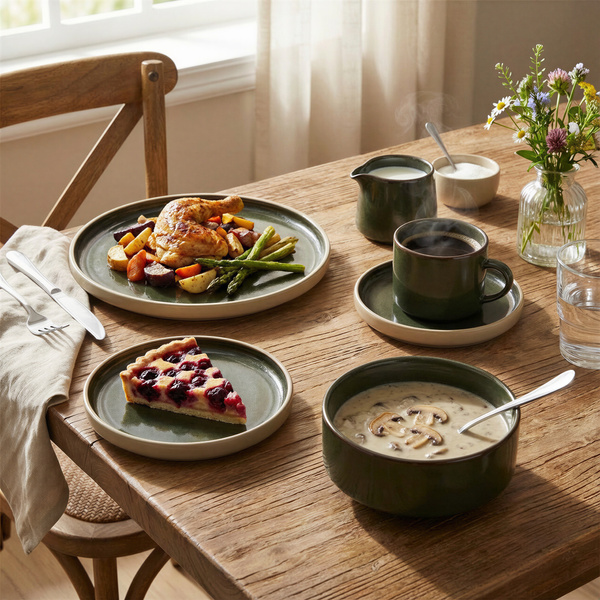 SERWIS OBIADOWYO KAWOWY 30 EL. DLA 6 OSÓB FILIŻANKI DO KAWY GREEN CERAMIKA