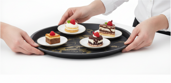 TACA KUCHENNA KELNERSKA ANTYPOŚLIZGOWA TWORZYWO CZARNA Z WZOREM 41CM