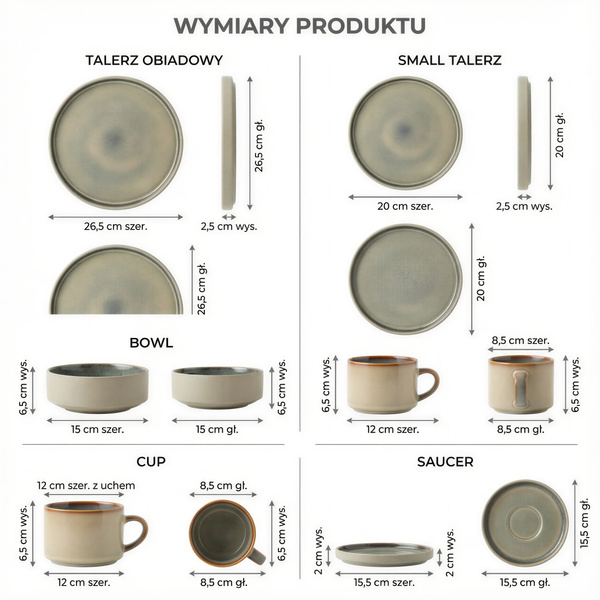 SERWIS OBIADOWYO KAWOWY 30 EL. DLA 6 OSÓB FILIŻANKI DO KAWY SZARY CERAMIKA