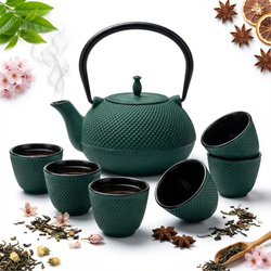 CZAJNIK ŻELIWNY ZAPARZACZ 1,8L Z ZESTAW 6 CZAREK DO HERBATY ZIÓŁ ZIELONY