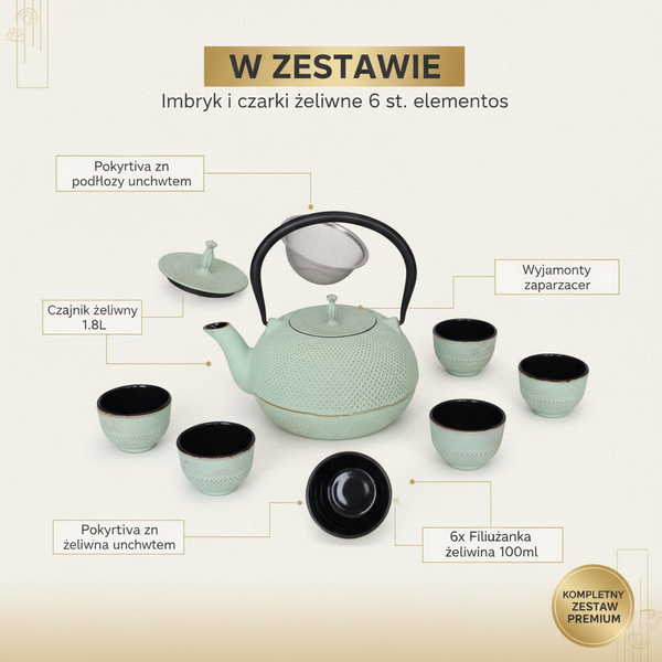 CZAJNIK ŻELIWNY ZAPARZACZ 1,8L Z ZESTAW 6 CZAREK DO HERBATY ZIÓŁ MIĘTOWY