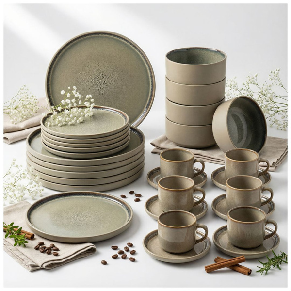 SERWIS OBIADOWYO KAWOWY 30 EL. DLA 6 OSÓB FILIŻANKI DO KAWY SZARY CERAMIKA