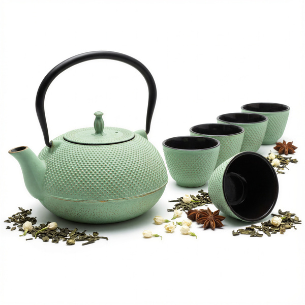 CZAJNIK ŻELIWNY ZAPARZACZ 1,8L Z ZESTAW 6 CZAREK DO HERBATY ZIÓŁ MIĘTOWY