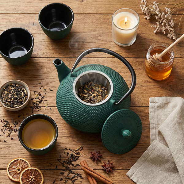 CZAJNIK ŻELIWNY ZAPARZACZ 1,8L Z ZESTAW 6 CZAREK DO HERBATY ZIÓŁ ZIELONY