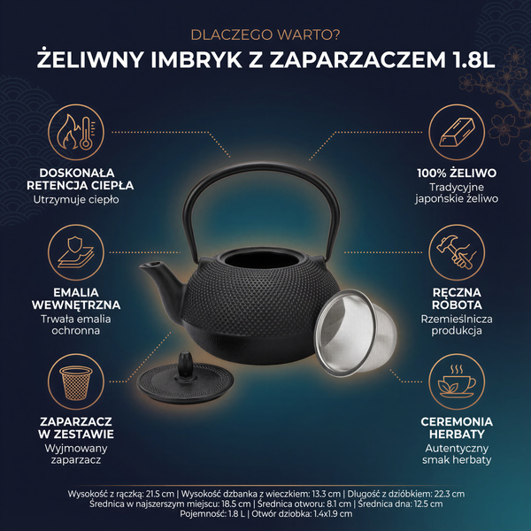 CZAJNIK ŻELIWNY IMBRYK 1.8L DUŻY CZARNY DO HERBATY + ZAPARZACZ STALOWY