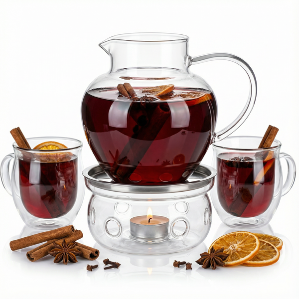 ZESTAW DO GRZANEGO WINA GRZAŃCA DZBANEK 1L FILIŻANKI x2 SZKŁO+ PODGRZEWACZ