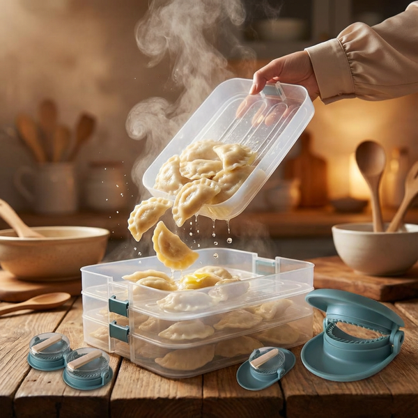 ZESTAW POJEMNIKÓW I WYKRAWACZY DO PIEROGÓW 3W1 PRZEZROCZYSTY 4,5L