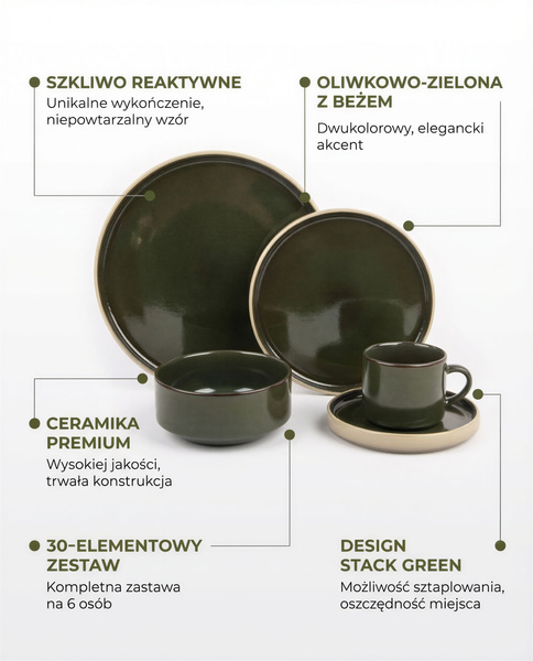 SERWIS OBIADOWYO KAWOWY 30 EL. DLA 6 OSÓB FILIŻANKI DO KAWY GREEN CERAMIKA