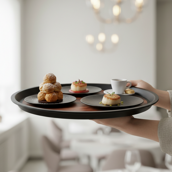 TACA KUCHENNA KELNERSKA ANTYPOŚLIZGOWA IMITACJA DREWNA BRĄZ OKRĄGŁA 36 cm