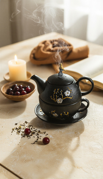 ZAPARZACZ FILIŻANKA SPODEK 0,4L ZESTAW CZARNY ŻELIWNY DO HERBATY PTASZEK