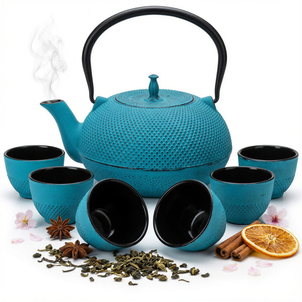 CZAJNIK ŻELIWNY ZAPARZACZ 1,8L Z ZESTAW 6 CZAREK DO HERBATY ZIÓŁ TURKUSOWY
